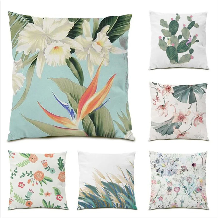 

Pillowcase Comfortable Decoration Decor Polyester Linen Living Room Flower Leaves Pattern Cushion Cover Comfortable Velvet E0052