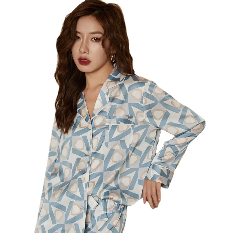 Silk Pajamas Women's Home Wear Ladies High-end Ice Silk Sexy Luxury Pajamas Casual Loose Long-sleeved Trousers Two-piece Set