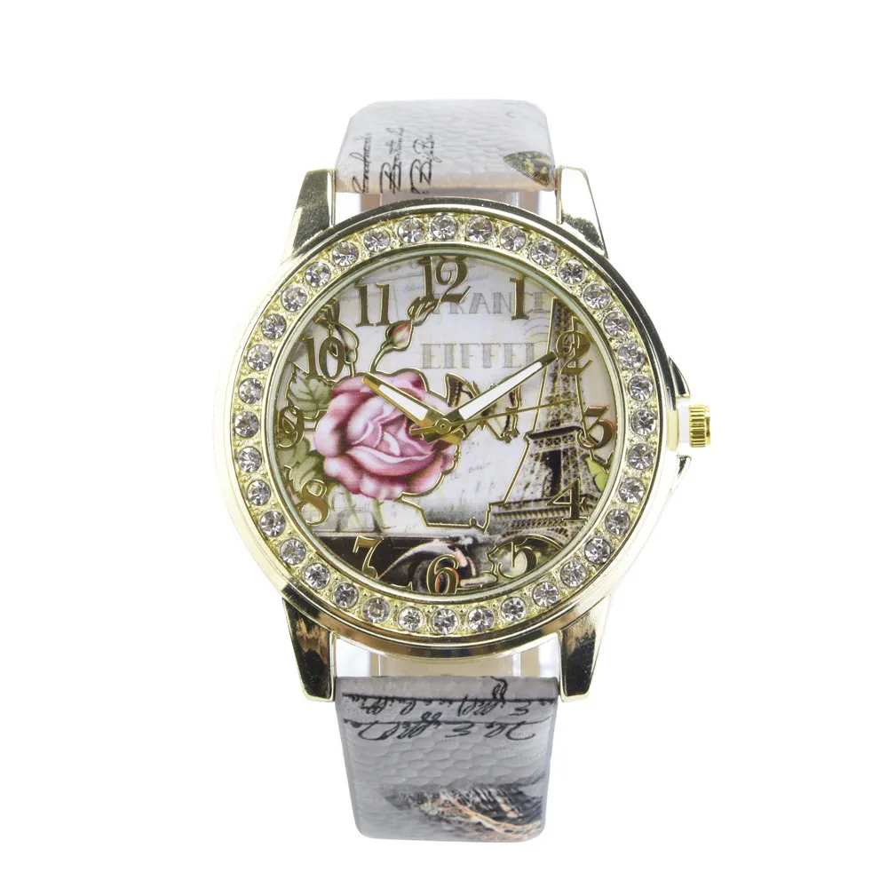 

Fashion Quartz Wristwatches Women Rose Pattern Leather Band Analog Quartz Wrist Watches Zegarek Damski Montre Femme Luxe Reloj