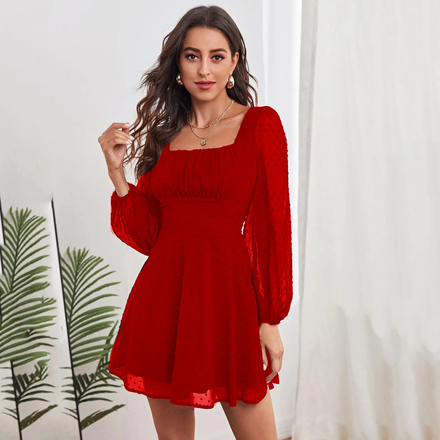 

Long Mesh Sleeve Chiffon Square Collar Hollow Out Mini Dress 2022 Summer Women Casual Solid High Waist A-line Dresses Robe Femme