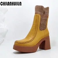 brand sock boots stretch woolen leather high heels ankle boots woman platform shoes autumn winter warm snow boots female booties
