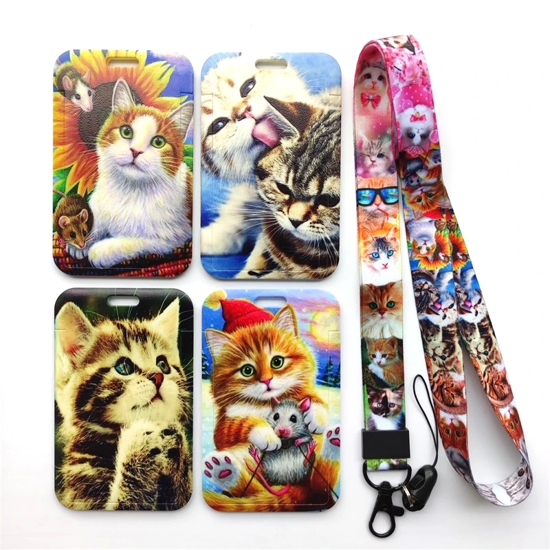 Fashion Cat Pattern Vertical ID Badge Holder Gift with Cute Neck Lanyard Strap for Women and Men ,capacity:2 Credit Cards