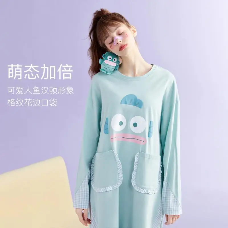 

Аниме кавайная Sanrio Hangyodon Новая Милая Ночная рубашка с героями мультфильмов для девушек Женская весенне-осенняя пижама из чистого хлопка можно носить на улице