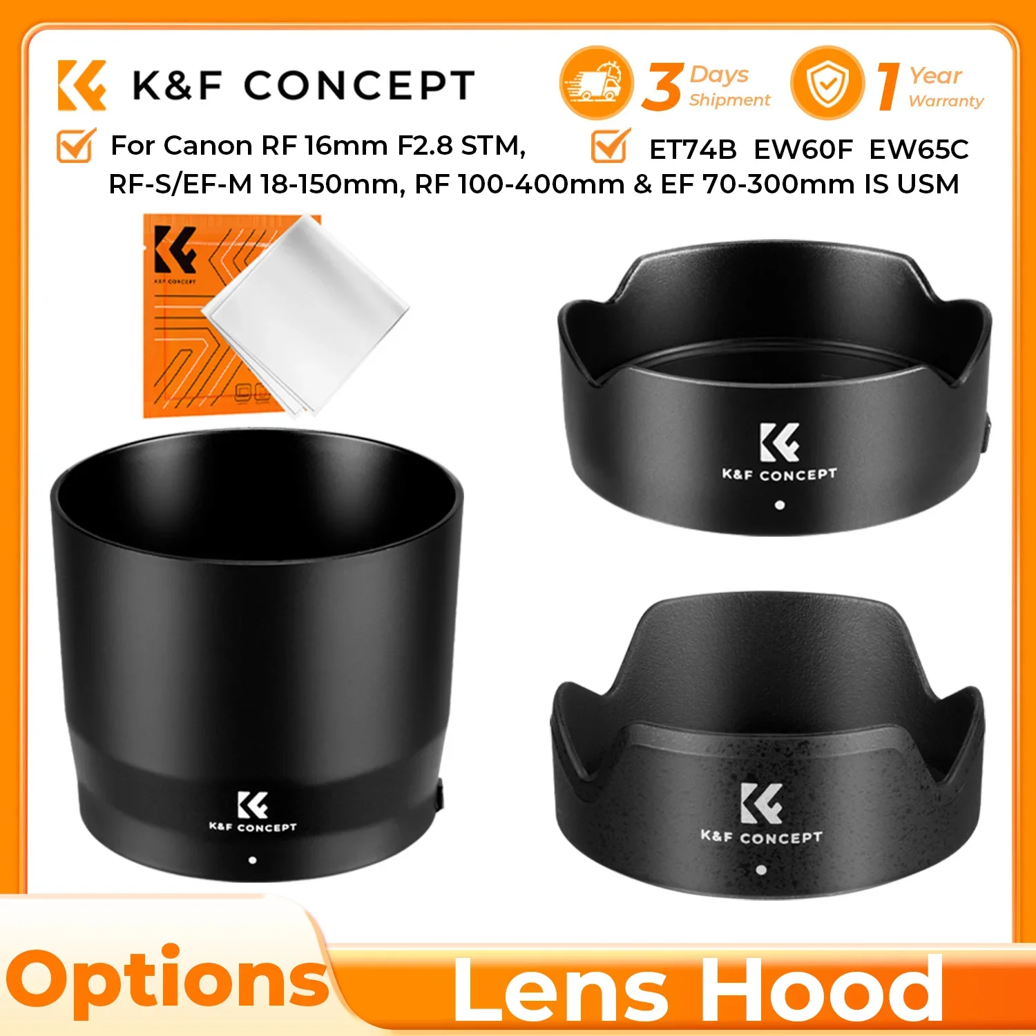 Фото K&F CONCEPT Бленда для объектива Canon реверсивная на защелке сменный солнцезащитный козырек ET74B EW60F EW65C байонетное крепление черный №1