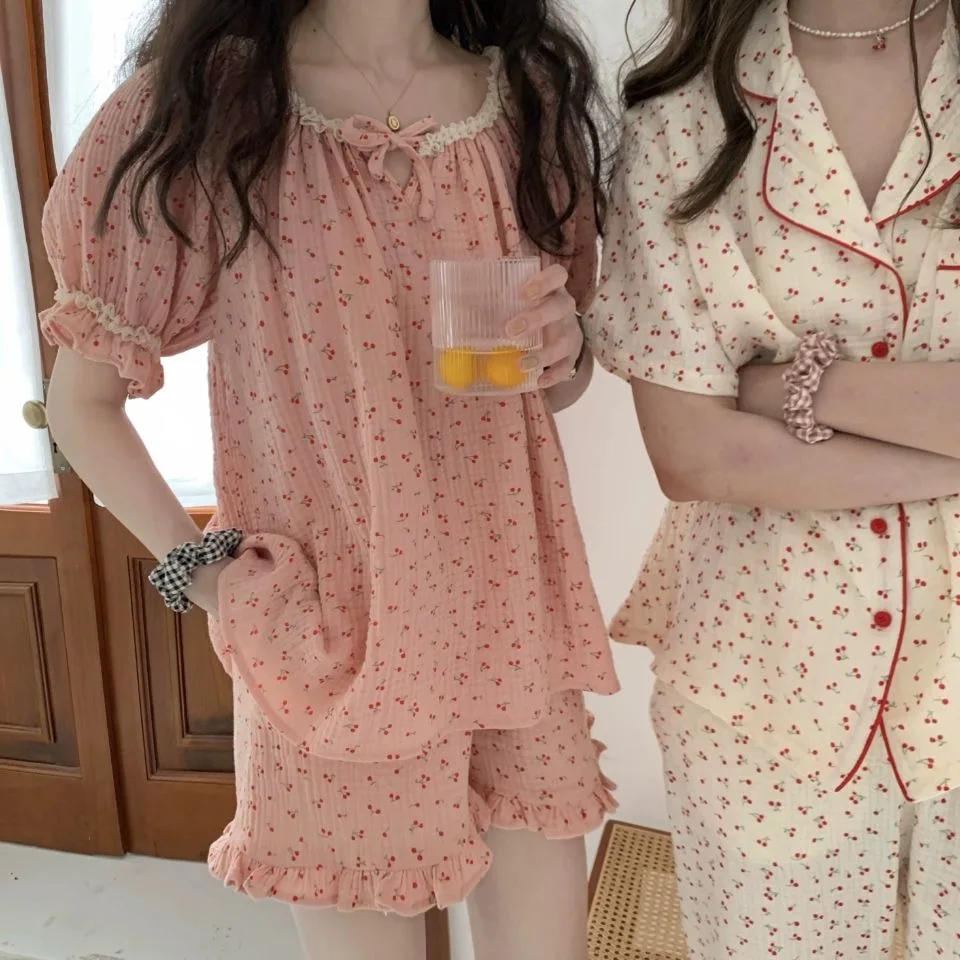

100% Cotton Crepe 3 Colors Pajamas Women New Spring Summer Love Print Homewear Set Simple Fresh Two Piece Female Home Suits
