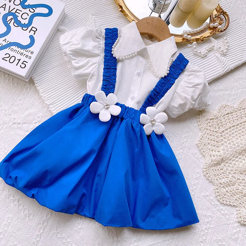 

Baby Girls Suit for Girls clothes Summer Fashion Children's Suit sweet Girls White Baby Shirts Flower suspender Skirts