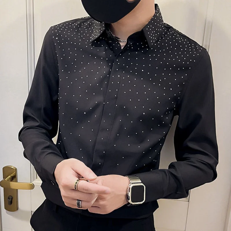 

Czech Rhinestone Men's Long-sleeved Slim Casual Bottoming Shirt Nightclub Clothing Social Party Stage Singer Chemise Homme