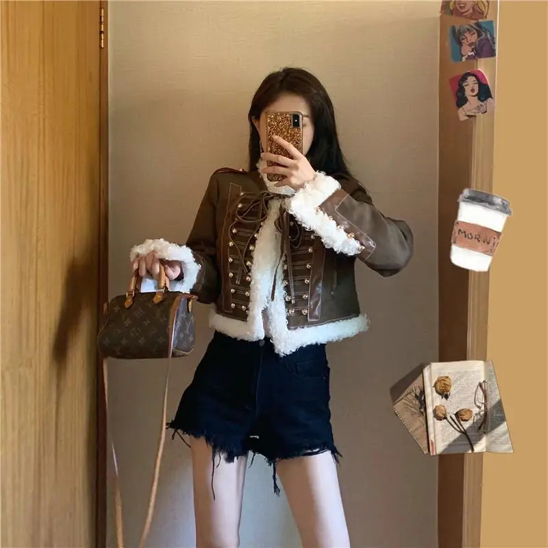 

Women Winter Thick Coat Pu Faux Soft Leather Brown Artificial Sheepskin Fur Jacket Female Aviator Casual Feminino Outwear E677