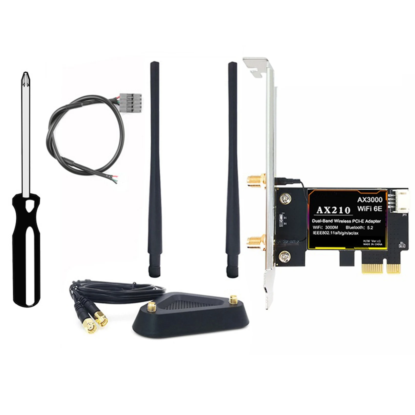 

AX210 Wireless Network Card+2XAntenna+8DB Extension Cable Antenna+Base 5374Mbps Bluetooth 5.2 2.4G/5G/6G Tri Band