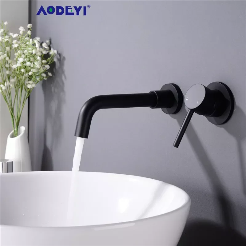 

Matt Black Brass Faucet Wall Mount Washbasin Taps Single Lever Bathroom Sink Faucets Hot and Cold Water Mixer Brushed Gold Tap