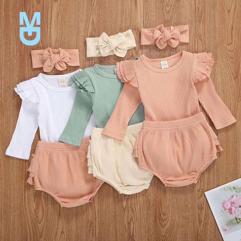 

New 0-18M Toddler Baby Infant Girl Autumn Clothing Set 3Pcs Long Sleeve Solid Kintting Romper Top Shorts Headband 3Colors Outfit