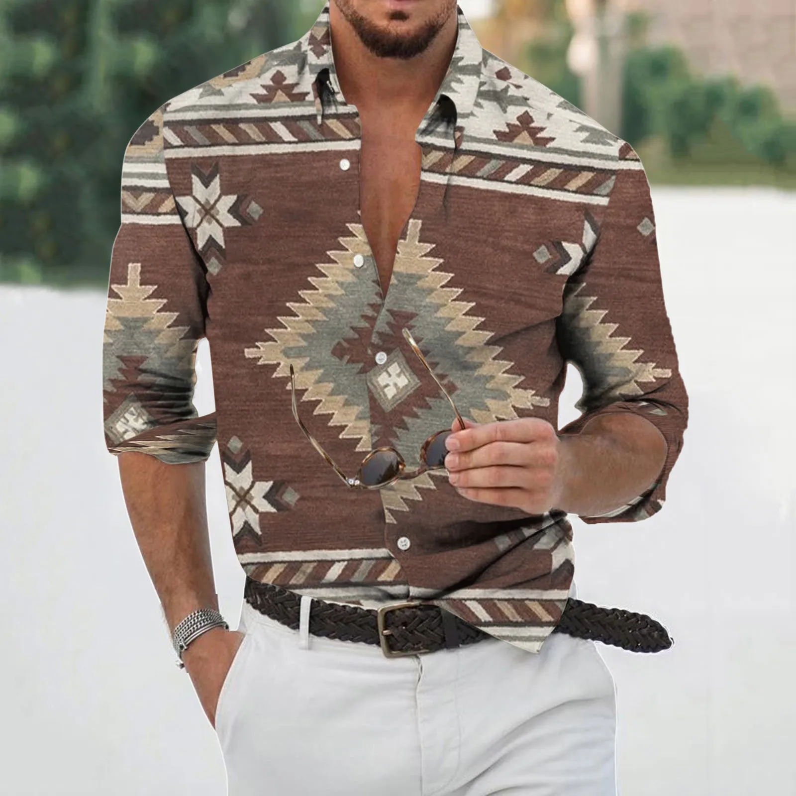 

Camisas Men's Shirt Aztec Print Ethnic Fashion Casual Lapel Long Sleeve Shirt Streetwear Tops Blouse Men Hawaiian Shirt Chemise