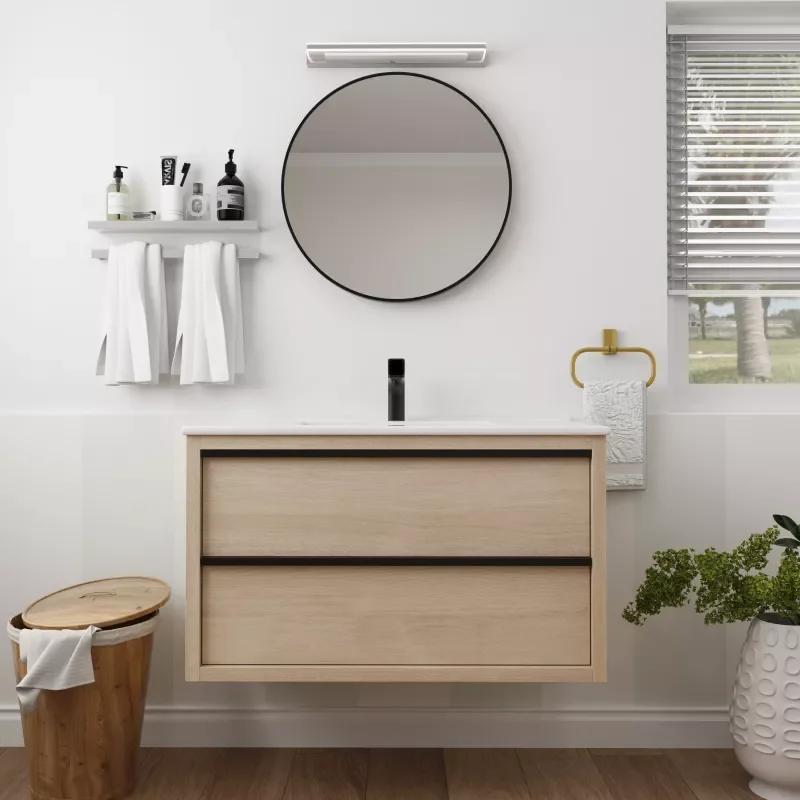 

Modern Bathroom Vanity with 2 Soft Close drawers, White Ceramic Basin, Easy to Assembled, Wooden Structure, Plain Light Oak