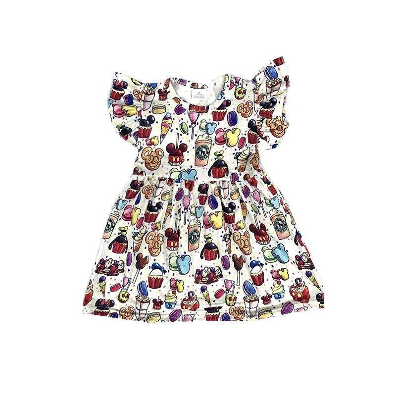 

New children's clothing cartoon mouse head popsicle drink print pearl sleeve boutique girls dresses