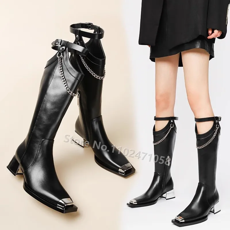 

Retro British Style Women Knee Hight Knight Boots Fashion Square Toe Chunky Heel Chain Long Boots Female Party Zipper Shoes