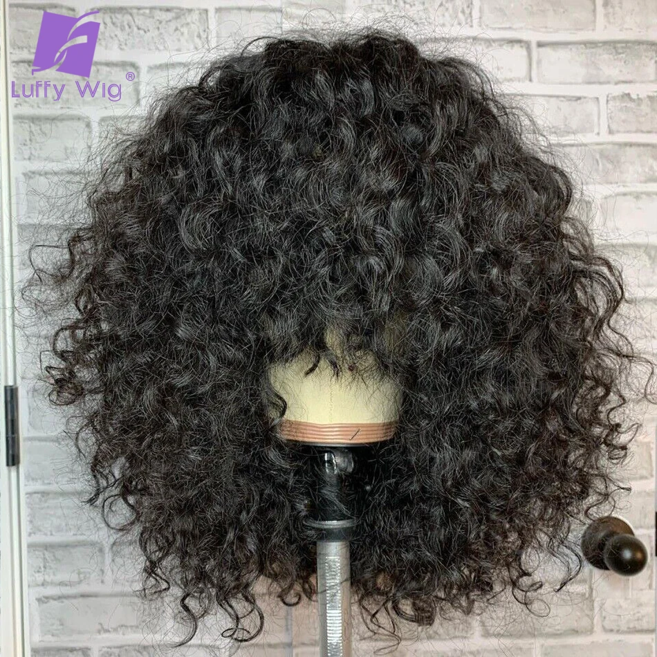 Curly Shag Wig With Bangs Short Bob Human Hair Remy Brazilian Glueless Wigs No lace Rose Curly Warer Wave Full Machine Made Wig