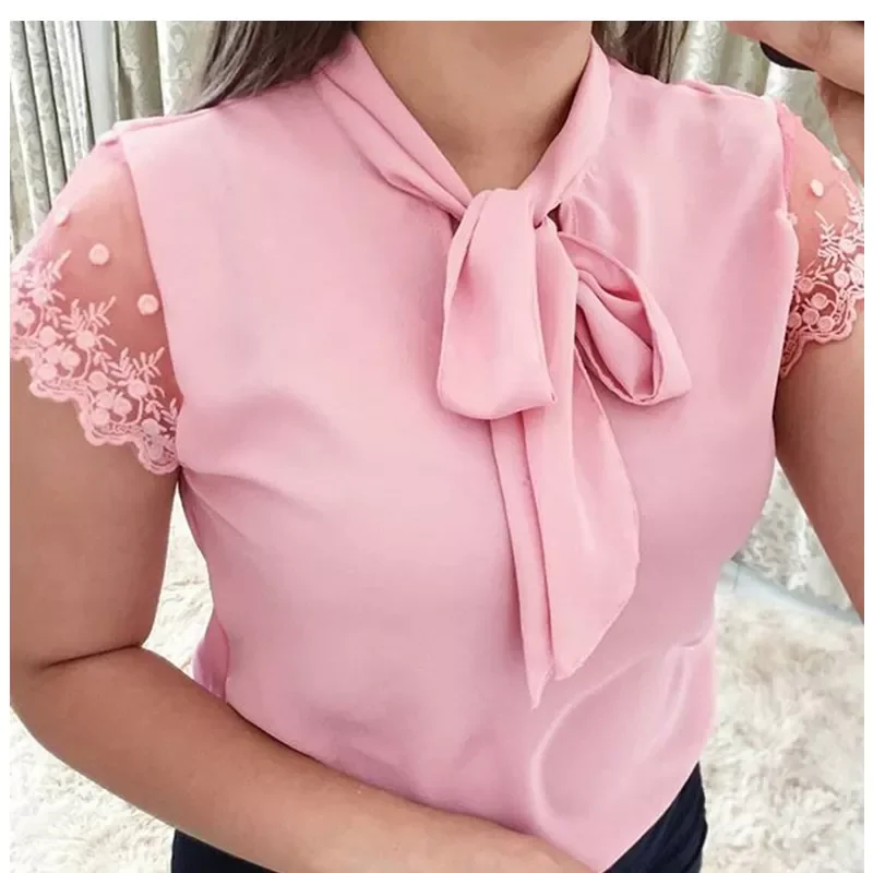 

S-5XL New 2022 Lace Up Bow Tie Shirt Summer Lace Short Sleeve Solid Chiffon Casual Blouse Elegant Office Lady Blusas Woman Tops