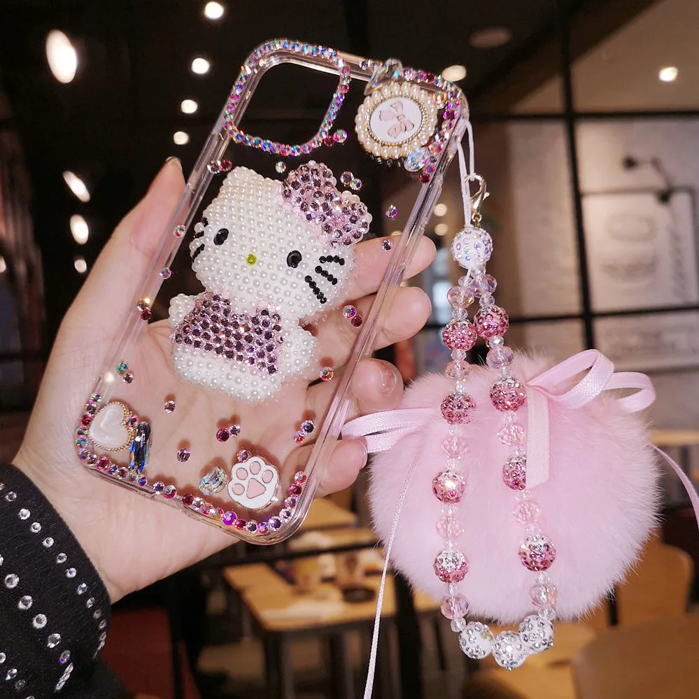 

Hello Kitty 3D Luxury Rhinestone with Lanyard Phone Cases For iPhone 13 12 11 Pro Max Mini XR XS MAX X SE 2020 Back Cover