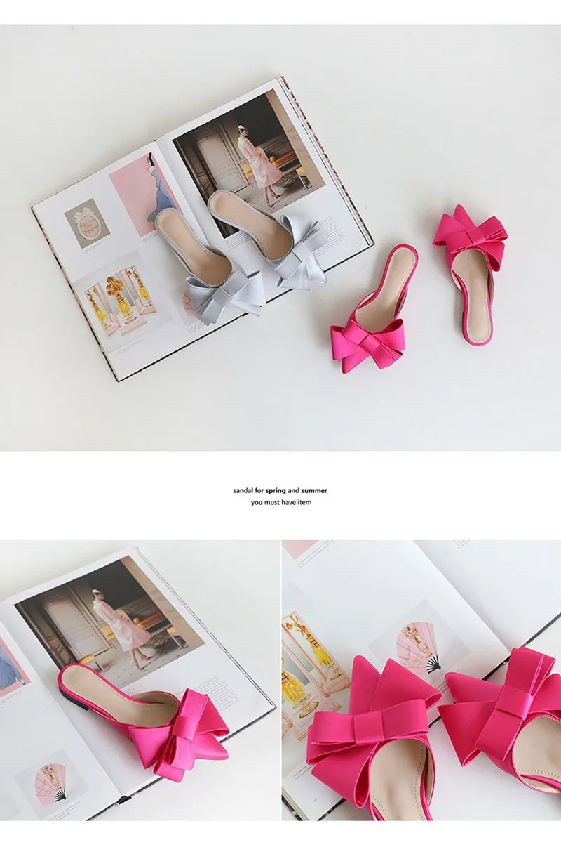 Silk Pointed Toe Flat Slippers Women's Outer Wear Summer Net Red All-match Fashion Bow Baotou Sandals and Slippers