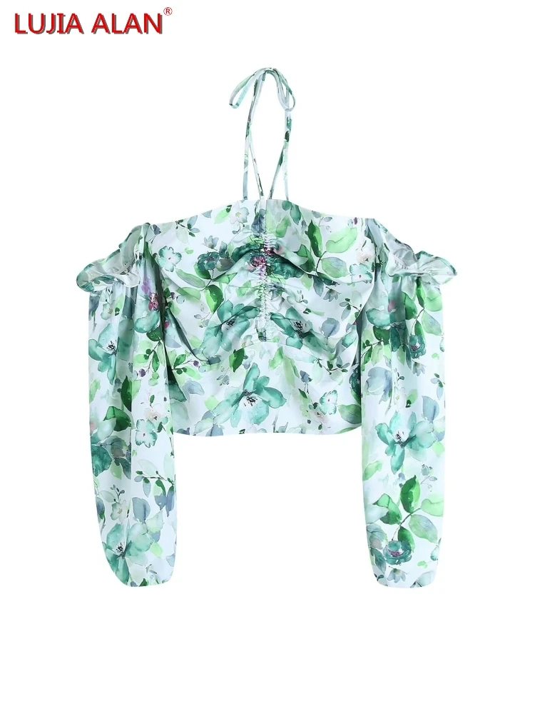 

Floral Print Drawstring Women Halter Blouse Smock Summer Female Long Sleeve Shirts Crop Tops Streetwear LUJIA ALAN B397