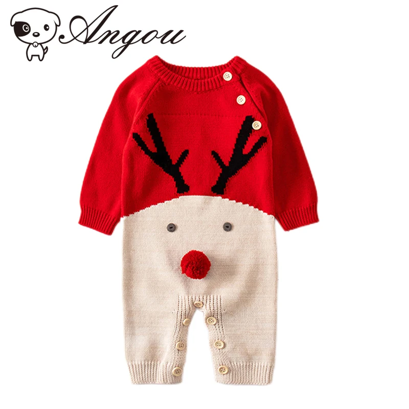 

Angou Spring Autumn Baby Boys Girls Romper Cute Deer Knitted Infant Jumpsuit Long Sleeves Toddler Baby Girls Christmas Rompers