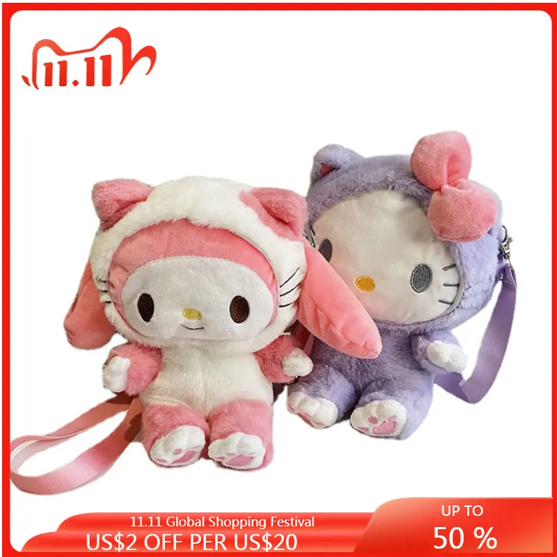 

Милая плюшевая сумка Hello Kitty, новая модная универсальная сумка через плечо с мультипликационным рисунком для девушек, маленькая сумка через ...