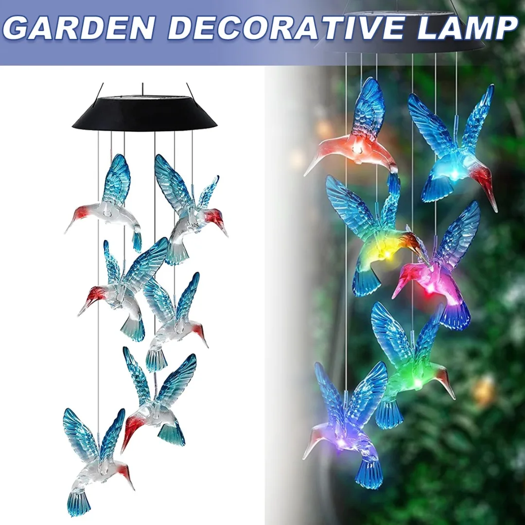 

1 шт. креативная ветряная колокольчинка на солнечной батарее с колибри, светодиодсветодиодный подсветка, меняющая цвет, водонепроницаемая ...