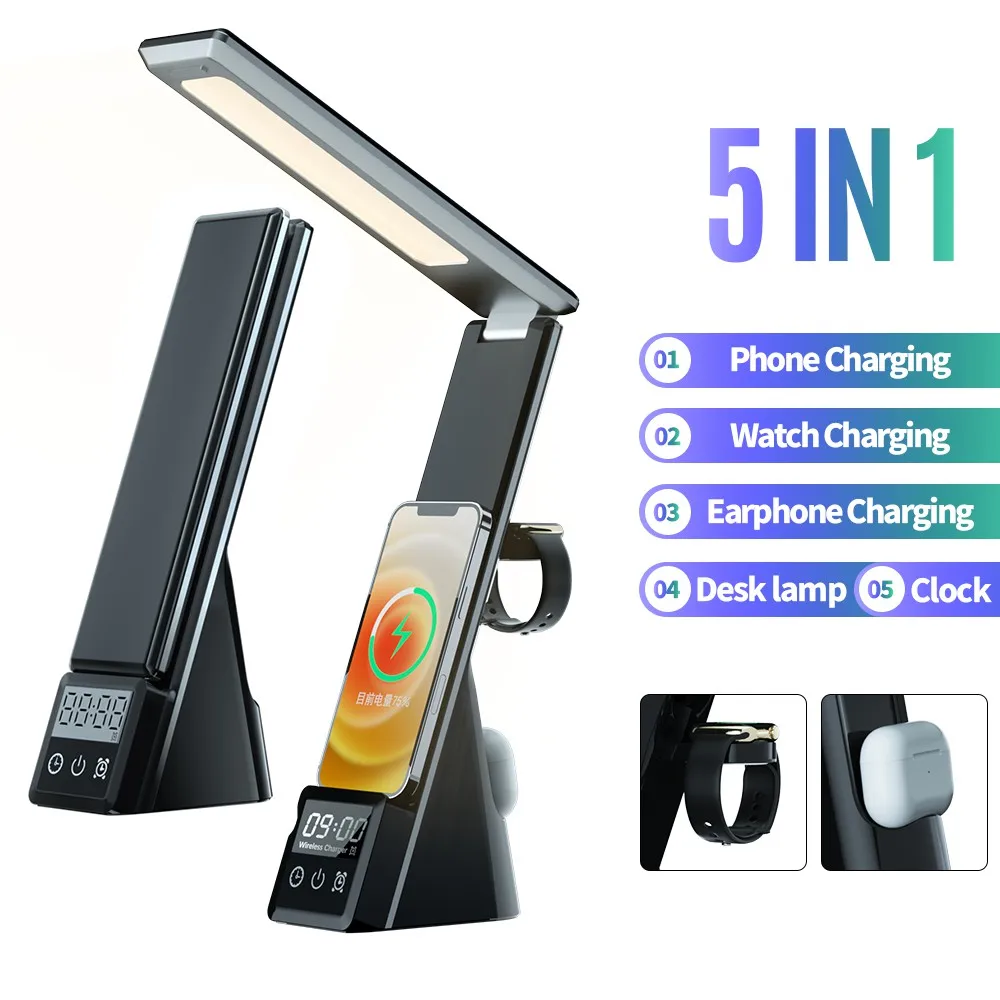

5 IN 1 Alarm Clock Wireless Chargers Stand For iPhone 13 12 Pro Max 15W Table Lamp Fast Charging Dock Station For iWatch Airpods