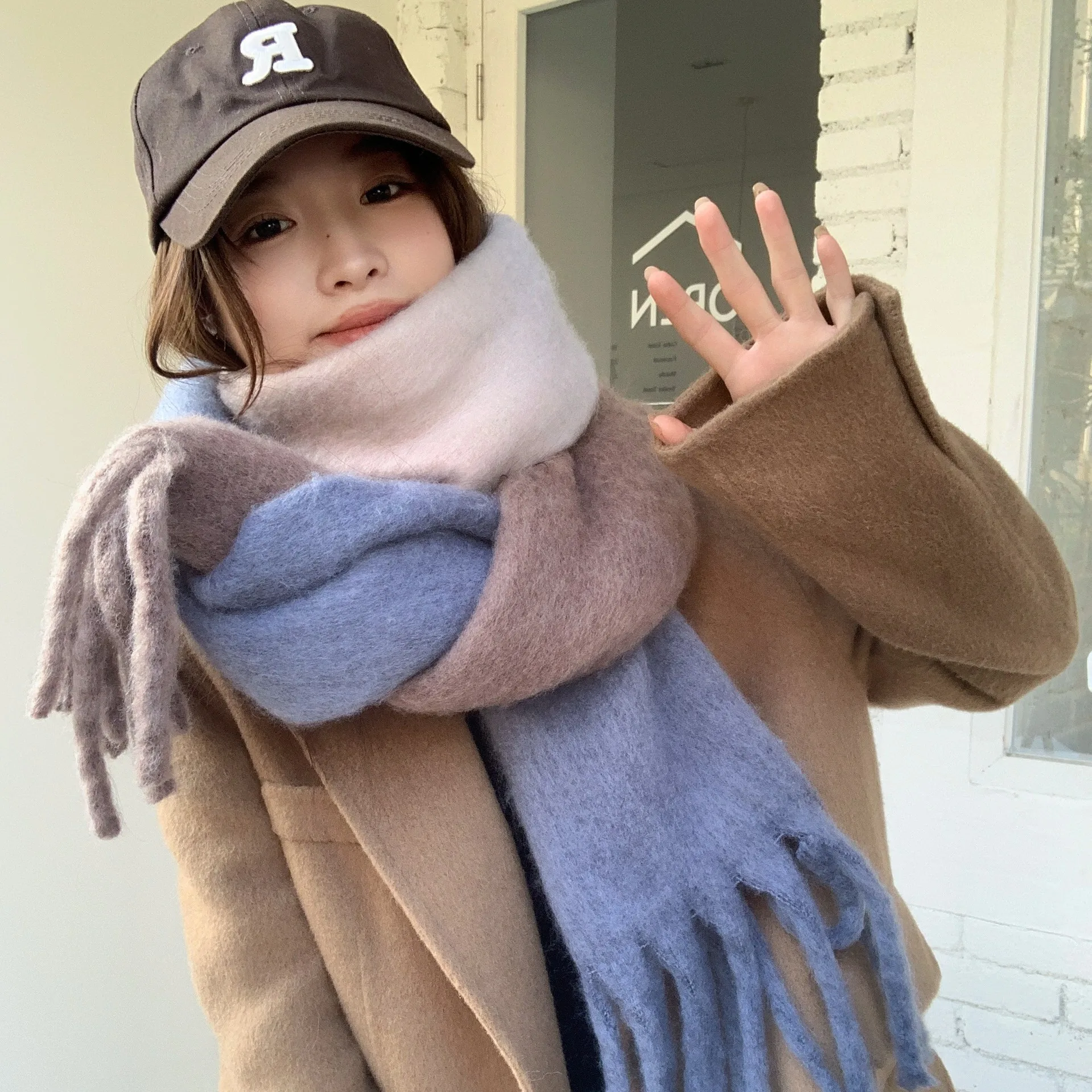 Зима 2023 высококачественный трехцветный мозаичный мохеровый женский шарф для шеи