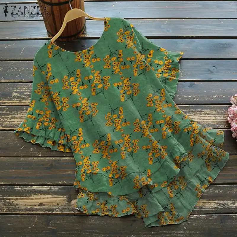 

Holiday O Neck Blusa Oversize Casual 2021 Fashion Irregular Hem Tops Summer Retro Printed Shirt ZANZEA Women Short Sleeve Blouse