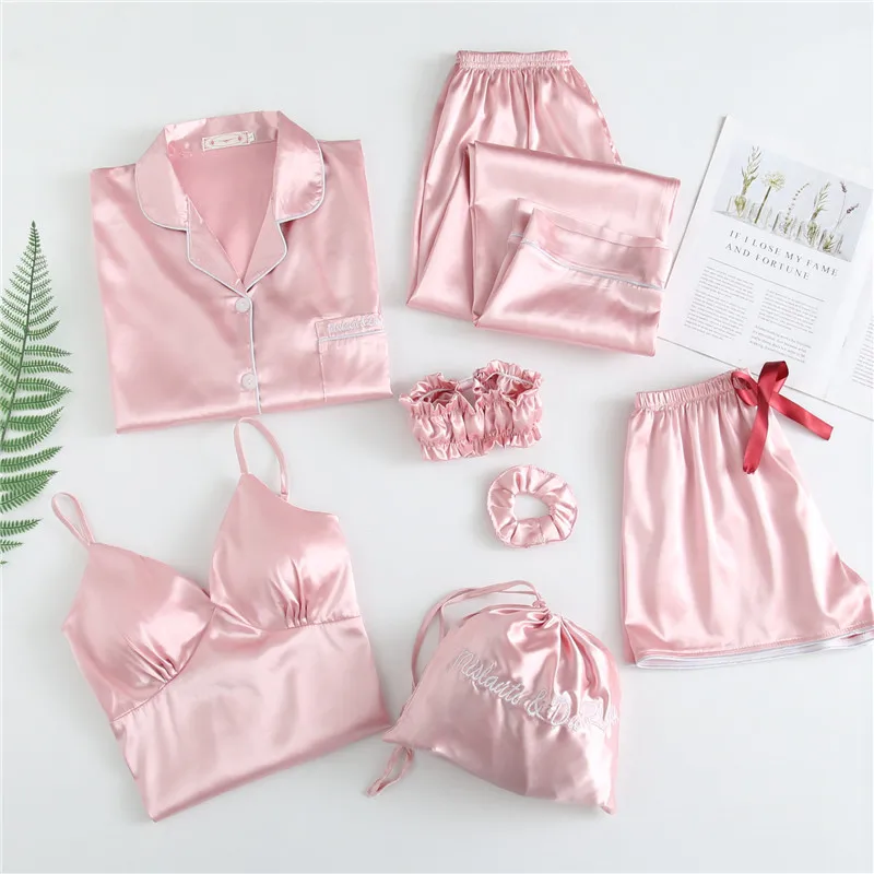 Woman Girls Seven Pieces Sleepwear Set Silk Satin Spring Summer Pyjamas Set Female Pajamas Pj Set Solid Color