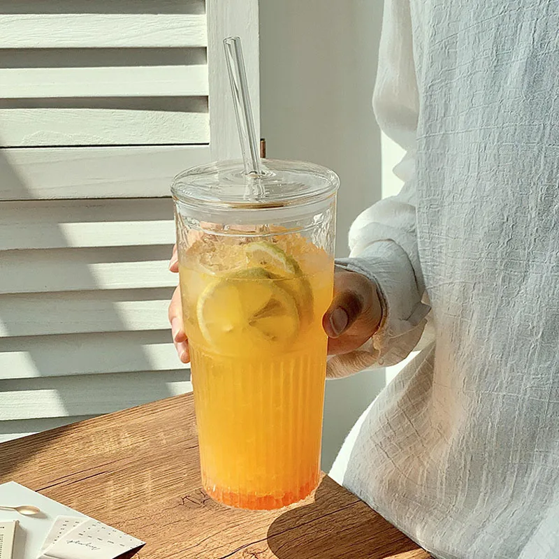 

New Stripe Glass Cup With Lid and Straw Transparent Drinking Glasses Iced Coffee Mug Juice Milk Tea Cup Water Cups Drinkware
