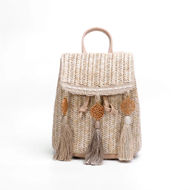 

Tassel Straw Women's Summer Backpack 2022 Fashion Vintage Tassel Pu Splicing Weave Bucket Female Student Bag for Women Backpacks