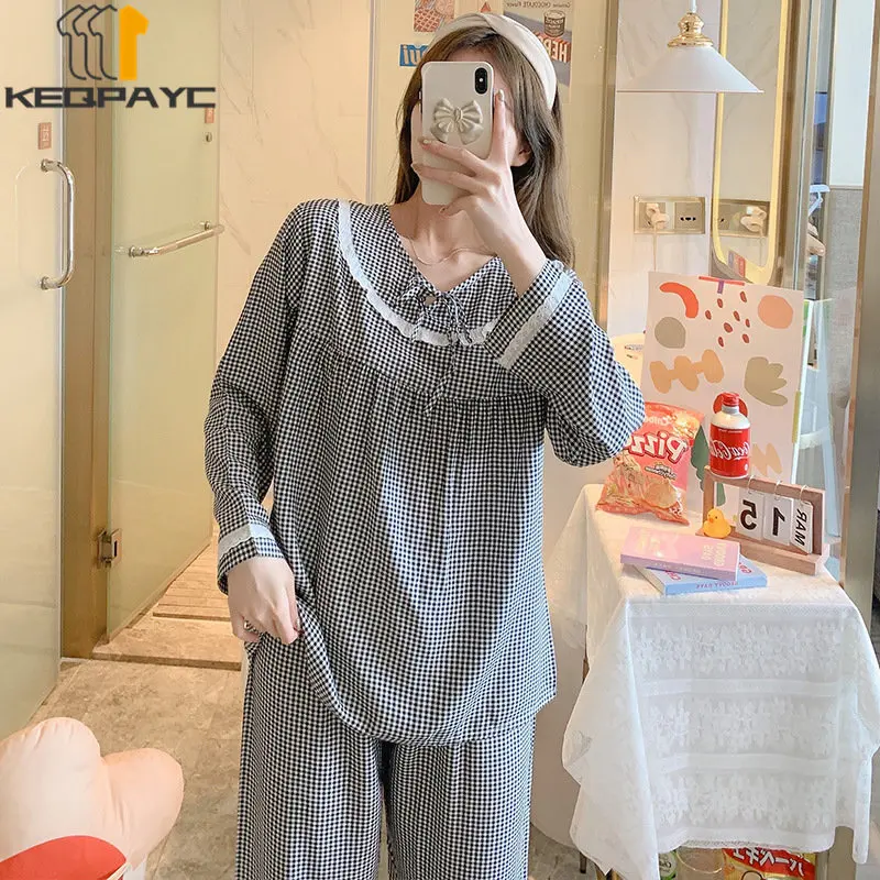 Women's Pajamas New 2023 Spring Autumn Long Sleeve Thin Sleepwear Pyjamas Women Sweet Plaid Casual Nightwear Clothing Sets