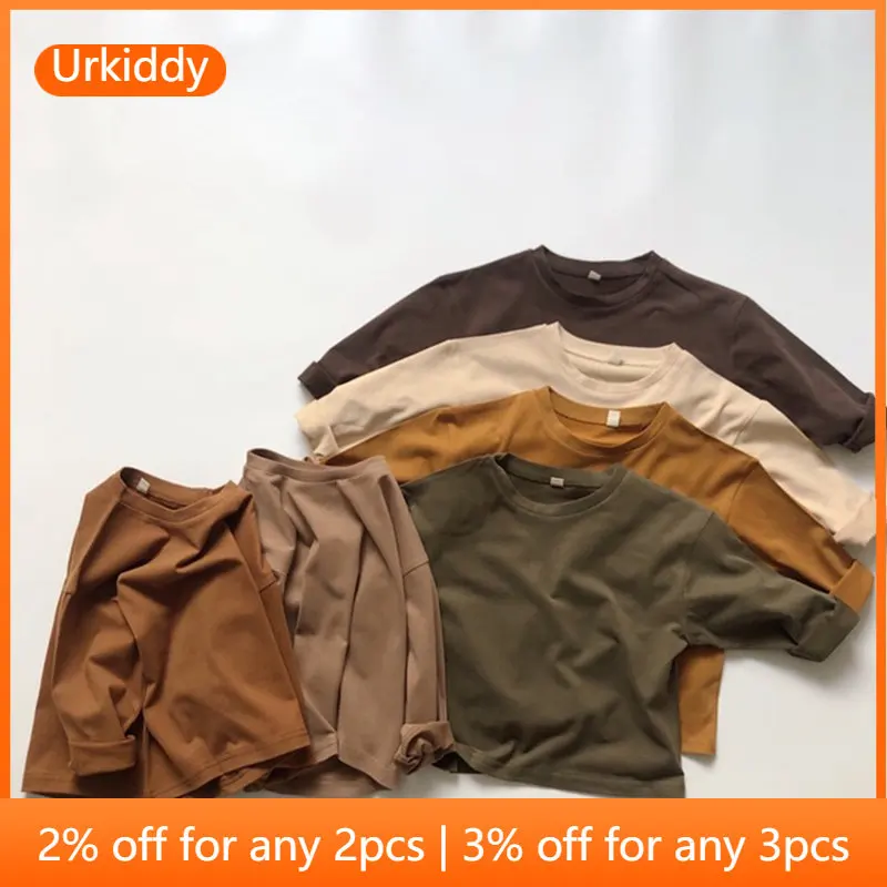 

Детские Осенние футболки с длинным рукавом, хлопковая одежда для мальчиков и девочек, однотонный детский топ с круглым воротником, простая ...