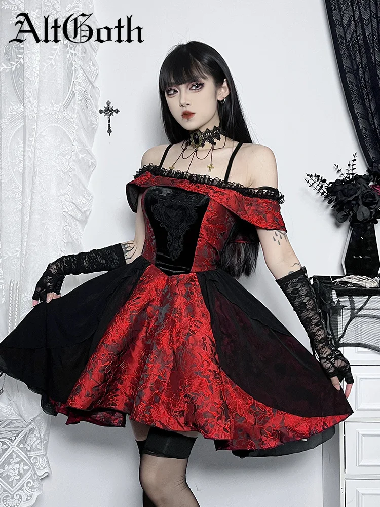 

AltGoth Vintage Elegant Gothic Lolita Dress Women Fairycore Grunge Lace Patchwork High Waist Corset Dress Emo Alt Punk Partywear