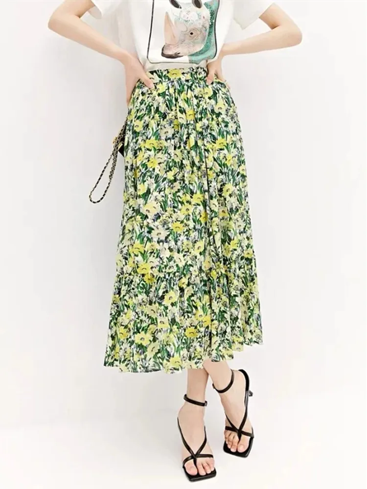 

Женская плиссированная юбка миди с высокой талией, желто-зеленая длинная юбка с цветочным принтом масляной живописи, новая модель 2022 года, п...