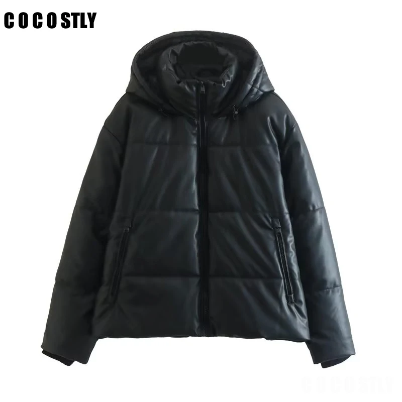 2022 Winter Women Thick Faux Leather Hooded Parkas Zipper Pockets Warm Outwear Female All-match Elegant PU Coat Padded Clothes