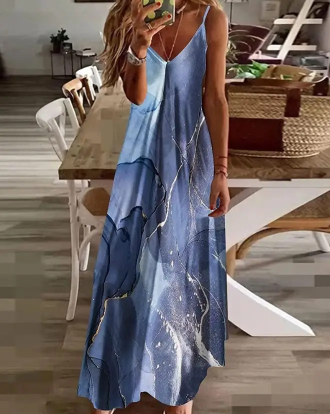

Women's Maxi Dress Marble Print V-Neck Sleeveless European & American Summer Fashion Casual Clothing Vacation Dresses Female