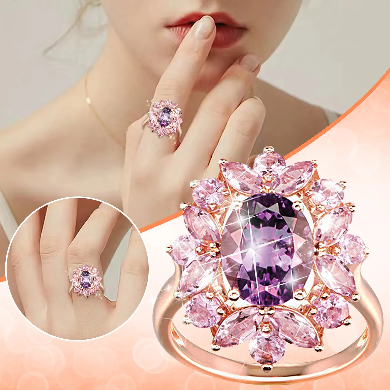 

Fashion Ladies Ring Flower Pink Crystal Gemstone Ring Jewelry Jewelry Gold Snake Ring