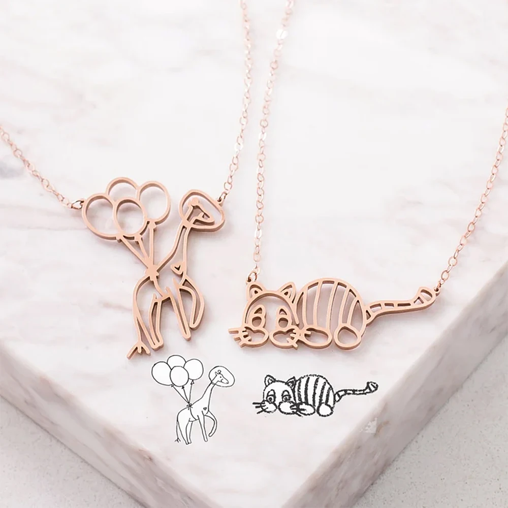 

Custom Children's Drawing Necklace Stainless Steel Personalized Children's Art Pendant For Kids Mom Family Jewelry Gift