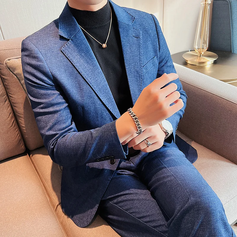 

High Quality Slim Business Social Office Suit Solid Single Breasted Blazer + Straight Suit Pants Men Casual Club Suit Streetwear