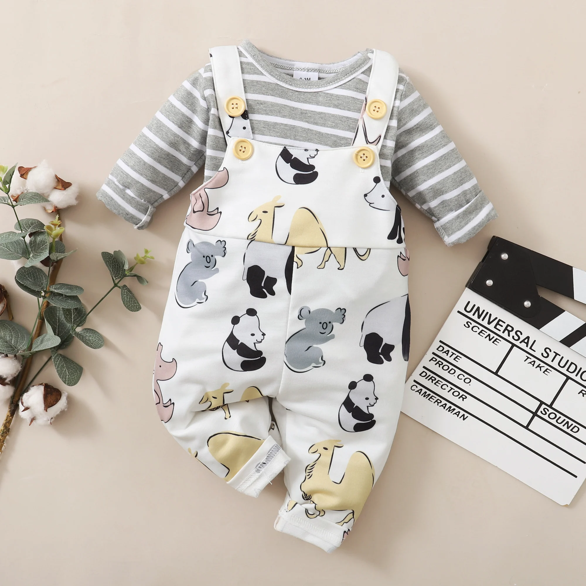 2 шт. детский хлопковый комбинезон с длинным рукавом и рисунком животных |