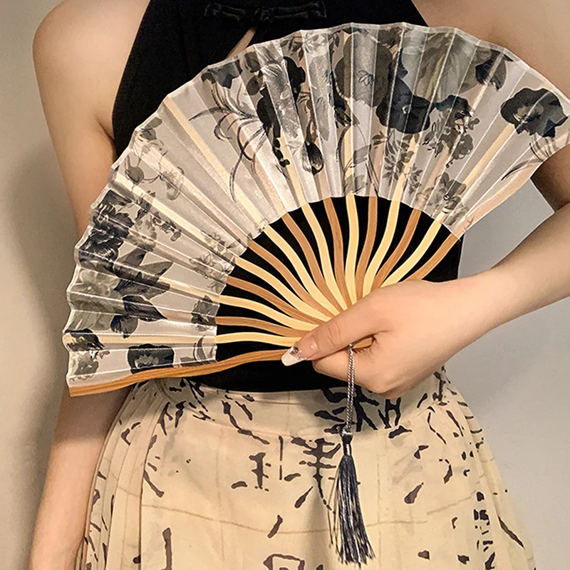 Винтажный Бамбуковый Складной Веер С Цветочным Принтом Волнистая Форма Ручной