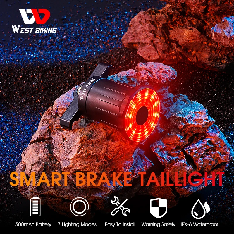 

WEST BIKING Smart Bicycle Rear Light Auto Brake Sensing IPX6 Waterproof Cycling Tail Lamp LED USB Charging Safety Bike Taillight