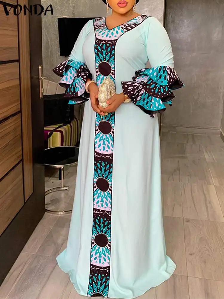 

VONDA 2022 Autumm Bohemian Maxi Dress Vintage 3/4 Sleeve V-Neck Party Sundress Ruffled Dress Casual Printed Patchwork Loose Robe