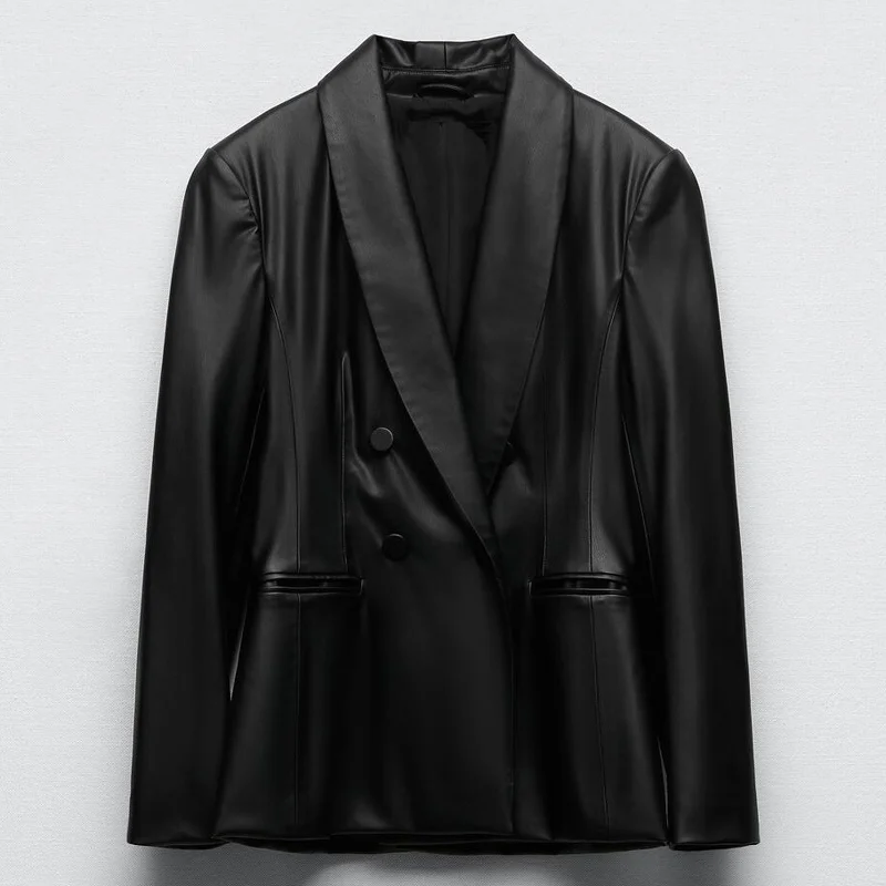 

2022 Autumn New Women's Faux Leather Blazer Female Slim Double Breasted PU Suit Jacket Office Lady Work Outwear Mujer