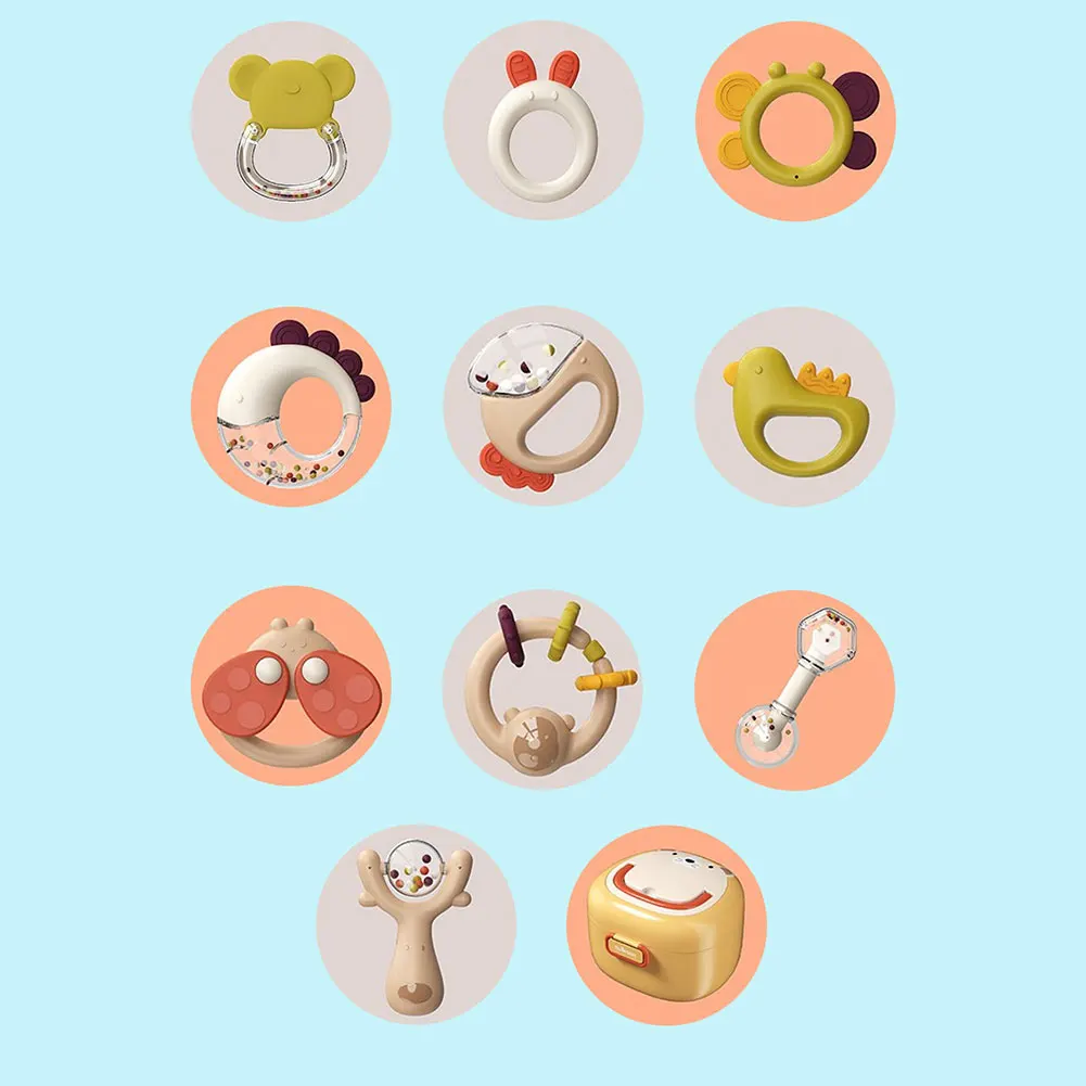 

10pcs Development Cartoon Cute Shaker Teether Toddler Infant Newborn Gift Portable With Storage Box Baby Rattle Toy Set Soft