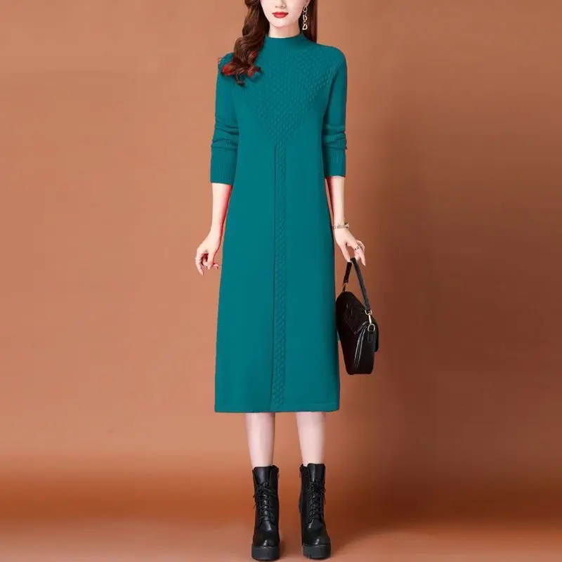 

Женское трикотажное однотонное платье, длинное кашемировое вязаное платье-свитер с высоким воротником и длинными рукавами, модель B100 на осень и зиму, 2023