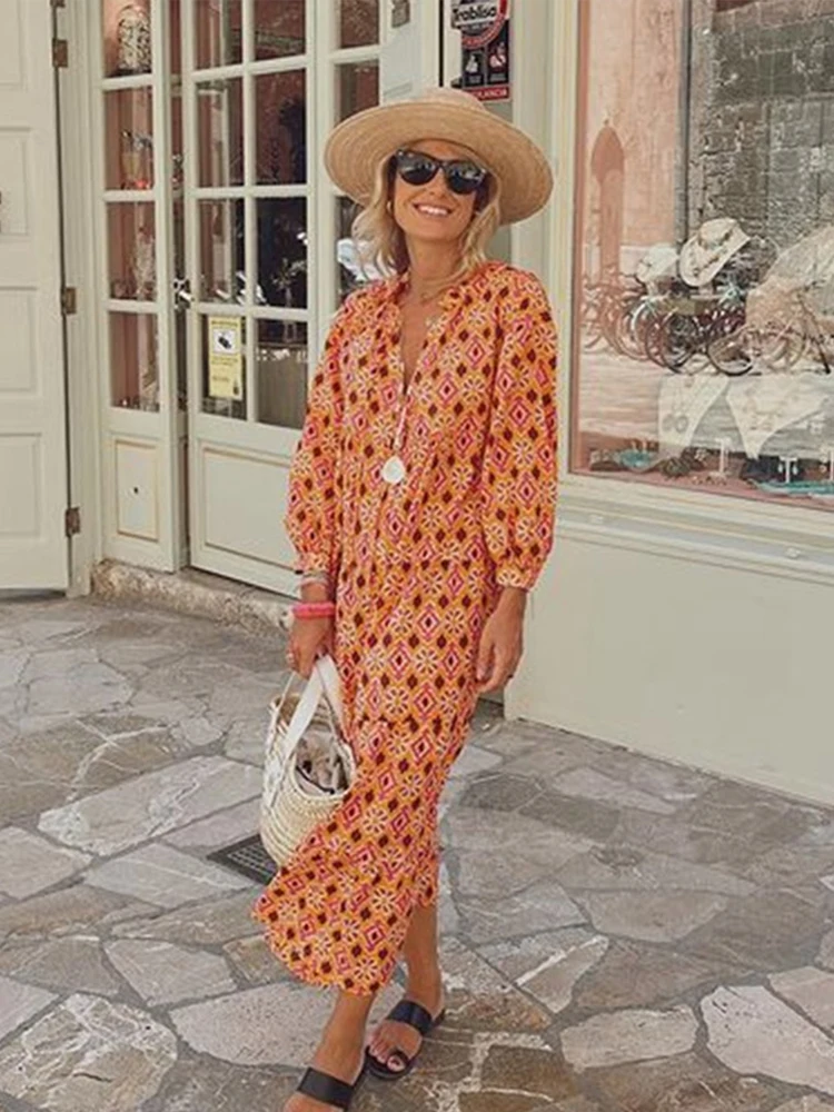 

Женское винтажное платье-рубашка, повседневное Свободное длинное платье с цветочным принтом, на шнуровке, с геометрическим рисунком и длин...